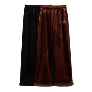TAOP & ZA Winter New New Chinese Style Wide Leg Pants Embroidered Rabbit Fur Velvet Casual Style All-match Pants