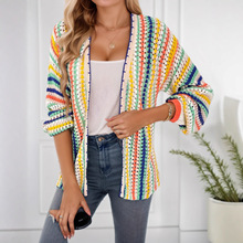 亚马逊跨境欧美撞色条纹落肩长袖开衫休闲户外适宜春秋冬季5009