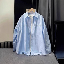 大码女装早秋款蓝色纯棉衬衫女显瘦宽松百搭叠穿打底内搭衬衣长袖