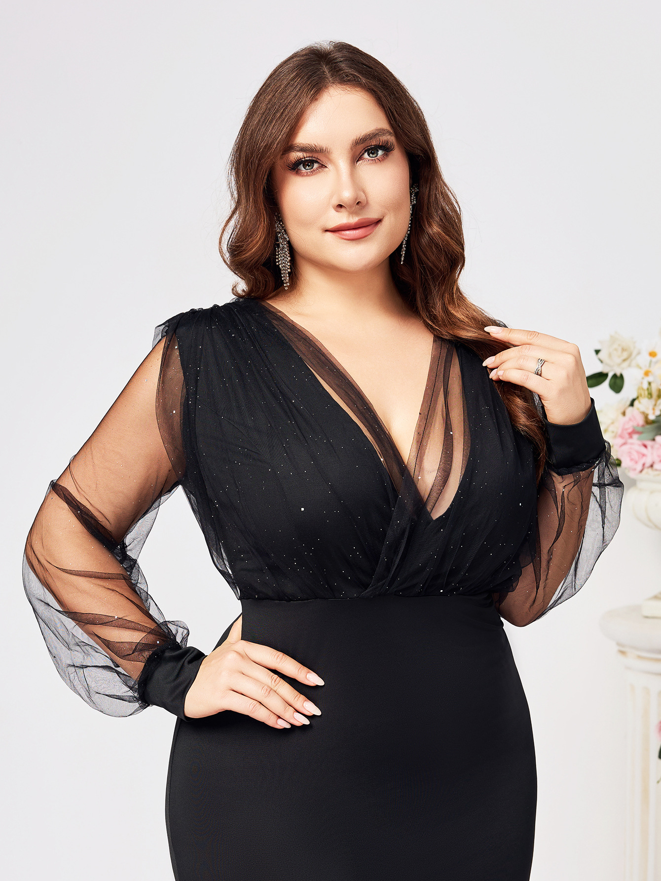 Europa y los Estados Unidos comercio exterior transfronterizo exclusivo para V-collar malla manga desear Amazonas temperamento elegante vestido de mujer grande