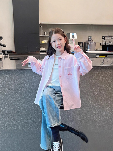 Children's Western-style striped shirt, girls 'loose long-sleeved shirt, big children's cardigan top, 2025 spring and autumn new style