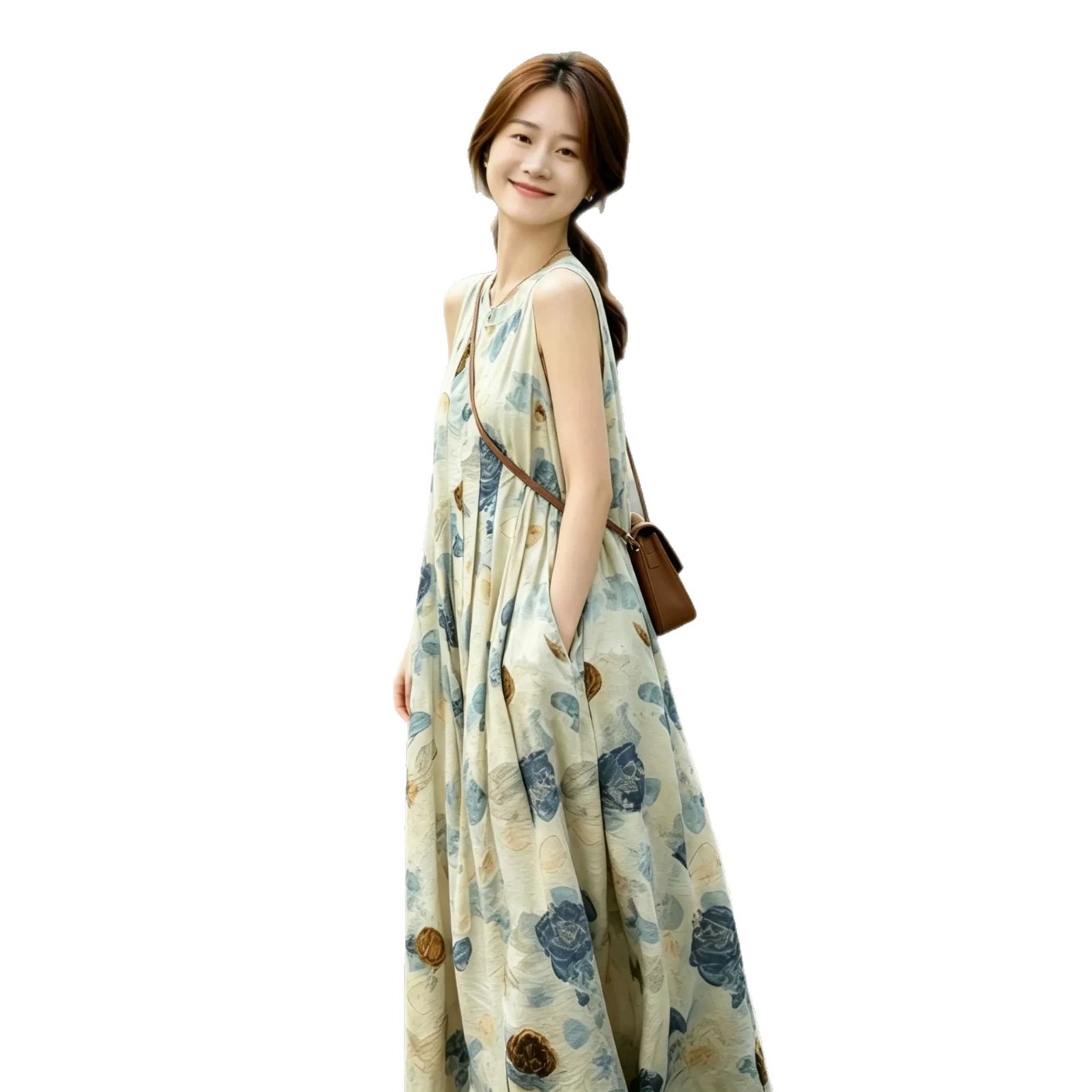 Đầm maxi nữ thắt eo cổ tròn không tay họa tiết hoa nhí — Váy in màu xanh chi tiết 5