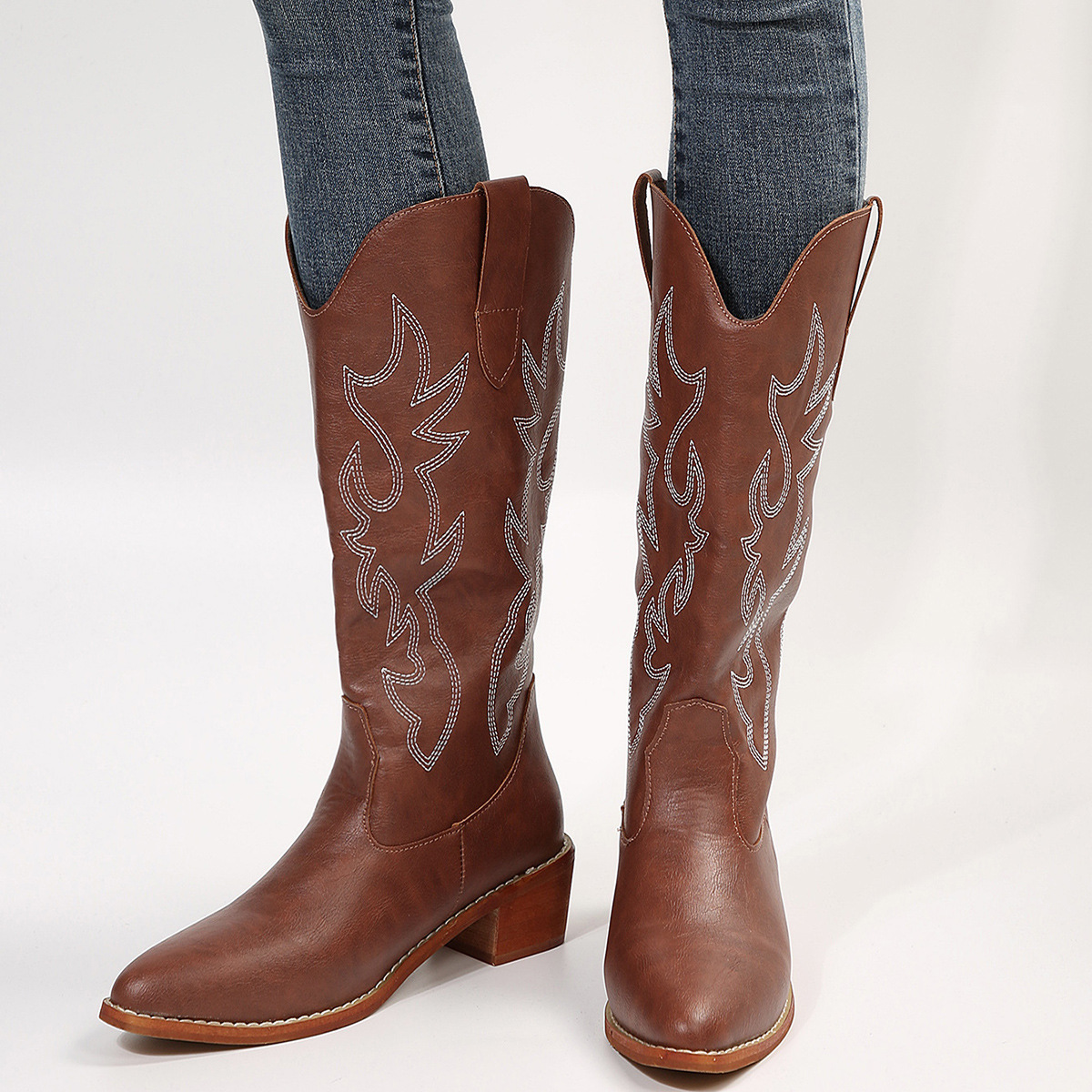 Dámské rytířské boty s vyšívanými dřevěnými kořeny, střední délky a špičatým hrotem, plus size_voghion.com