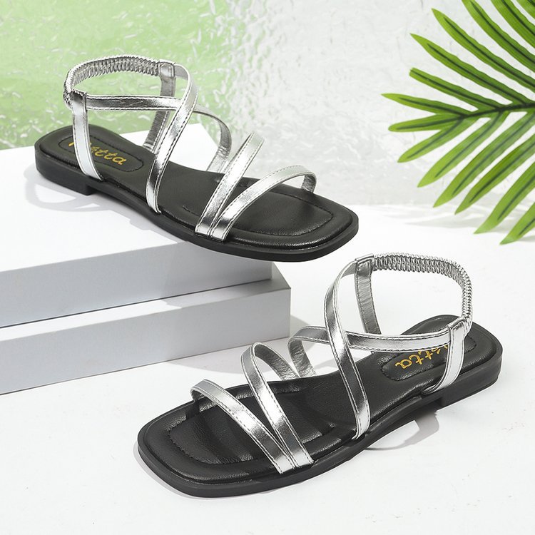 European And American Fashion Roman Low-heel Cross-strap Flat For Women, Cross-border Elastic Strap Square-toed Beach_vogvips.com