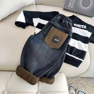 Boys' Pants fleece-lined Thickened Winter Jeans Men's Baby's Winter Wear Children's Autumn and Winter Children's Wear Cotton Pants One-piece Velvet