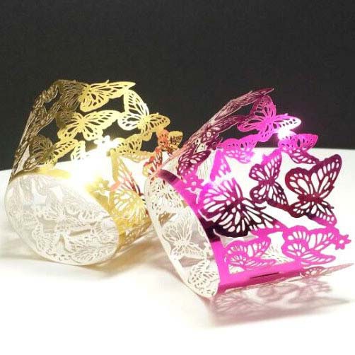 Amazon láser hueco mariposa taza de papel reflectante de oro pastel borde taza pastel hornear encaje en stock