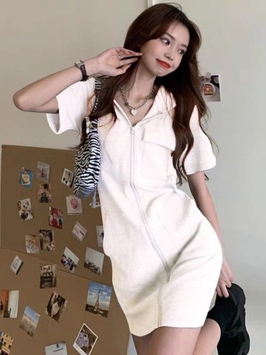【6535 Fish Scale Fabric】Fitted Slimming Hooded Zipper Dress for Women, Can Be Sweet or Salty, Short Sleeve Casual Skirt