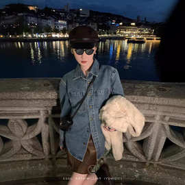 鹭青一【牛津腔调】蓝色牛仔衬衫外套女秋季复古宽松设计感上衣