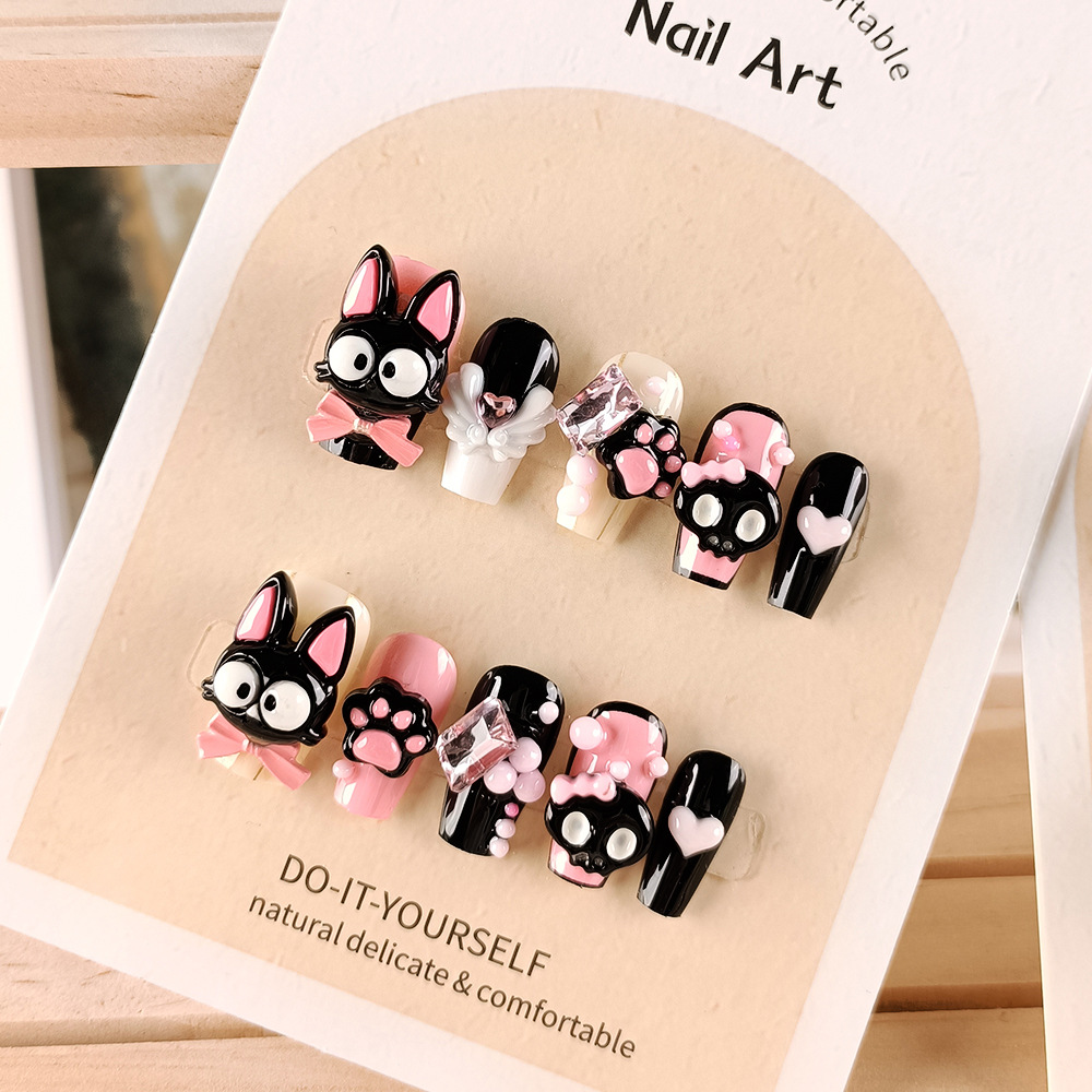 10 piezas decodificadas gatos negros Jigi piezas de uñas de dibujos animados esqueleto de amor piezas de uñas de fototerapia hechas a mano de uñas de uso avanzado