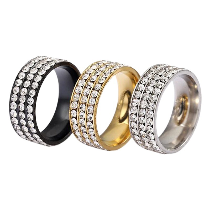 Anillo de pareja de diamantes de tres filas de joyería de acero inoxidable de diamante Suministro transfronterizo europeo y americano anillo de acero de titanio nicho femenino moda