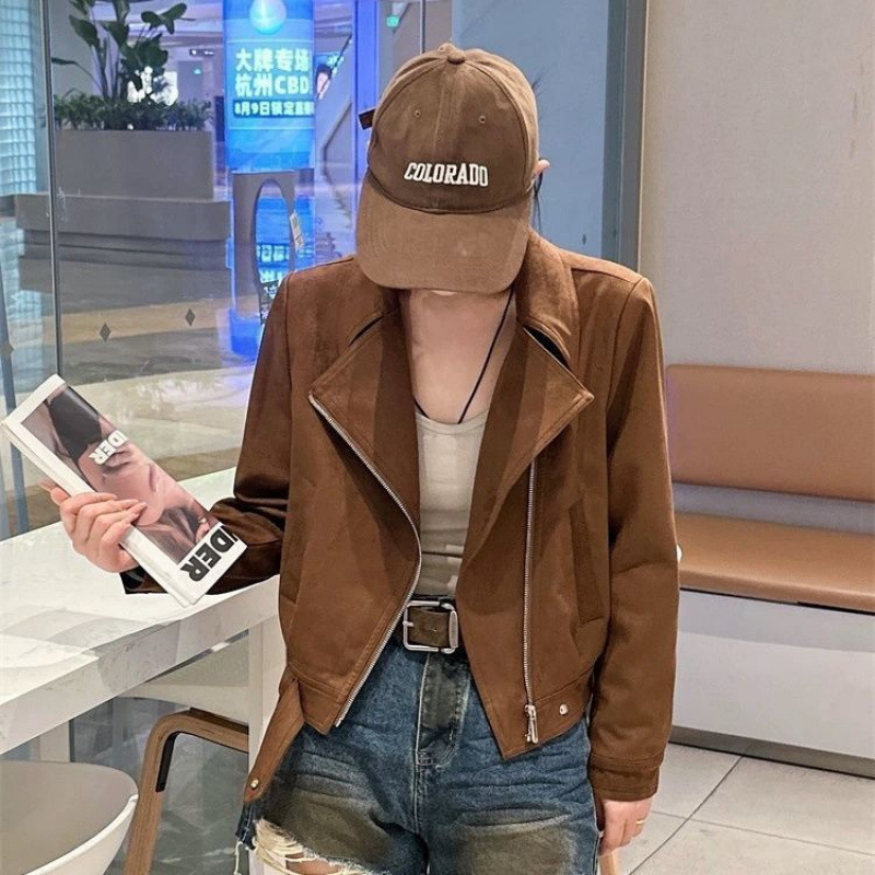 鹿皮绒外套女秋季新款感机车服小个子短款复古夹克上衣女|undefined