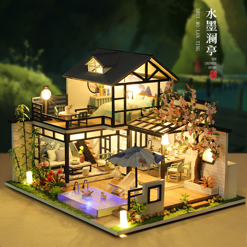 创意新中式建筑模型木制diy小屋水墨澜亭手工拼装别墅房创意礼物