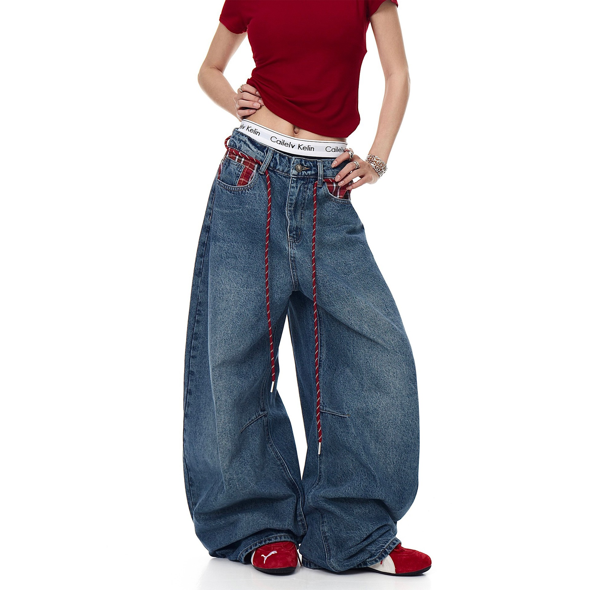 American Retro Plaid Pocket Splicing Scimitar Jeans for Women, New Autumn Design, Loose Straight Wide-Leg Pants