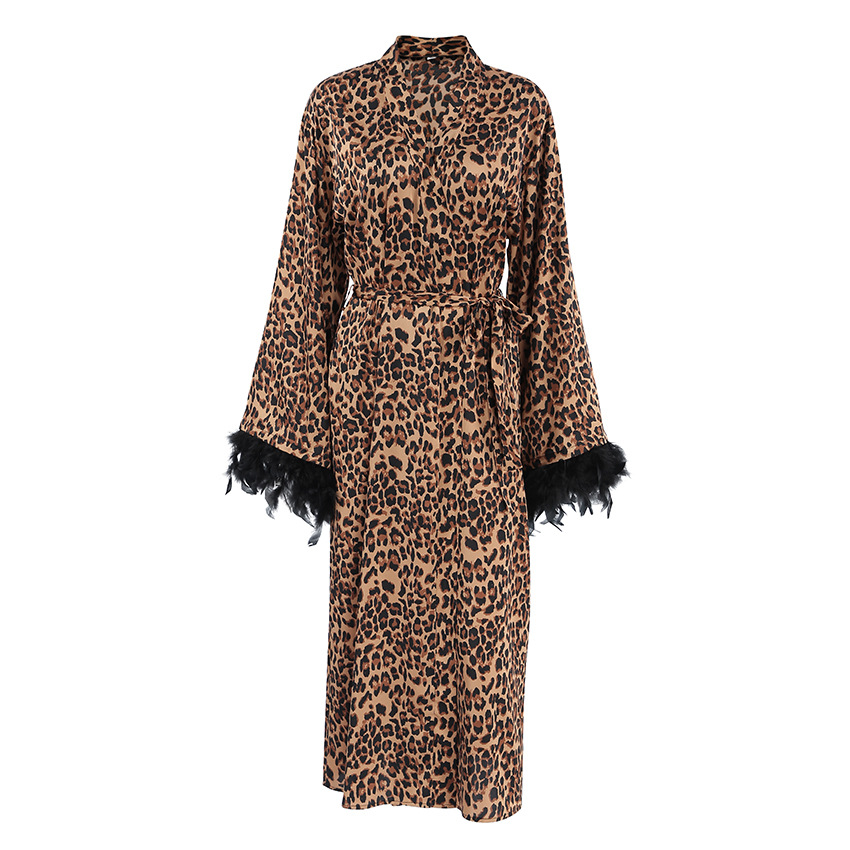 Luxury Feather-Trimmed Robe With Leopard Print – Soft Polyester Loungewear For Women, Versatile Sleepwear & Cover-Up_voghion.com