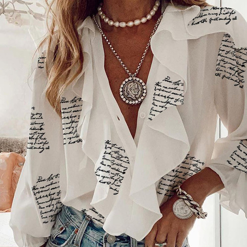 European and American style spring and autumn fashion V-neck puffed sleeve shell fabric letter floral print long-sleeved shirt top