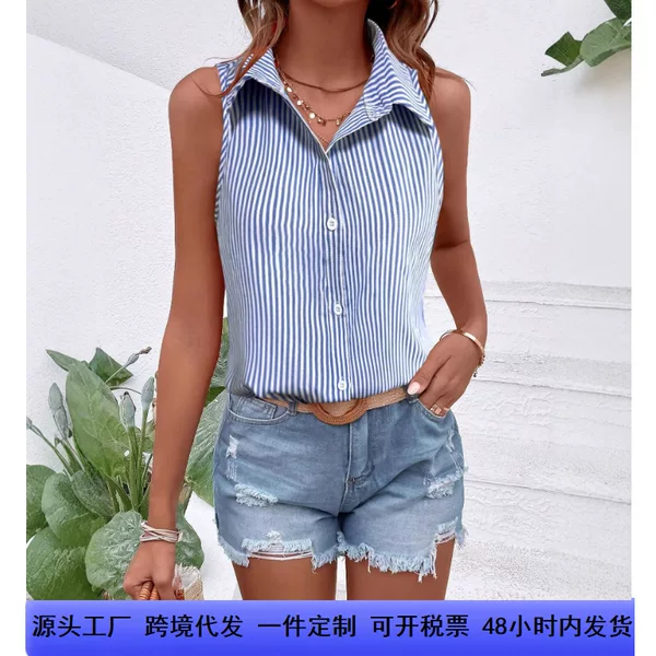 2026 New Cross-Border Women's Sleeveless Striped Shirt with Turn-Down Collar and Buttons, Versatile Summer Women's Clothing, Direct Sales from the Manufacturer