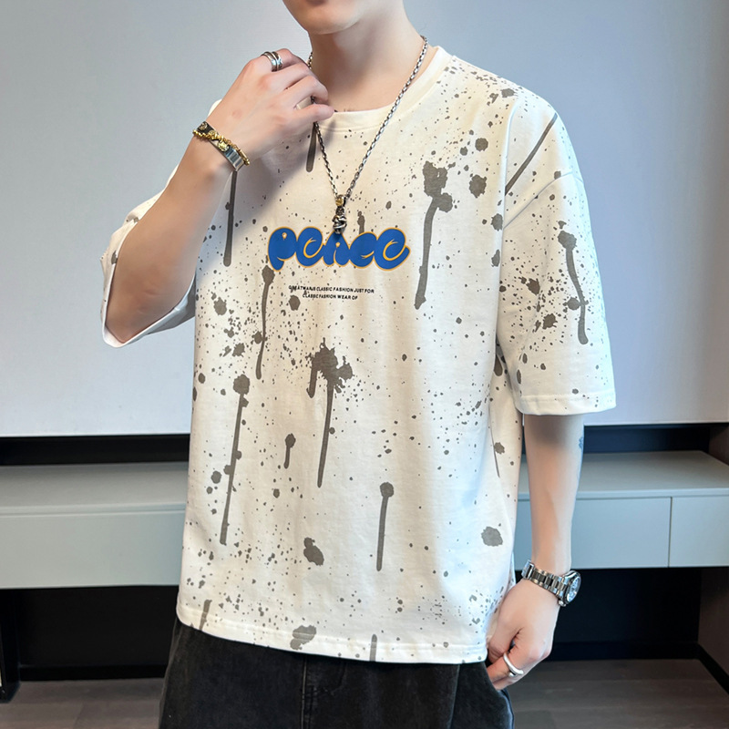 Camiseta de algodón de manga corta para hombres de verano nueva moda suelta cuello redondo medio manga casuales marca de tendencia puerto camisa de manga de cinco puntos