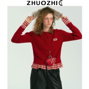 法式复古格纹拼接花边针织外套女春季新款通勤显瘦开衫