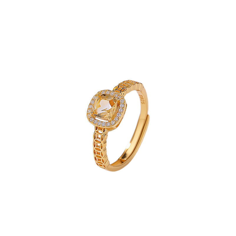 Nhẫn nữ bạc S925 mạ vàng đính đá cubic zirconia hình vuông mặt xu, kiểu mở điều chỉnh — Loại bạc