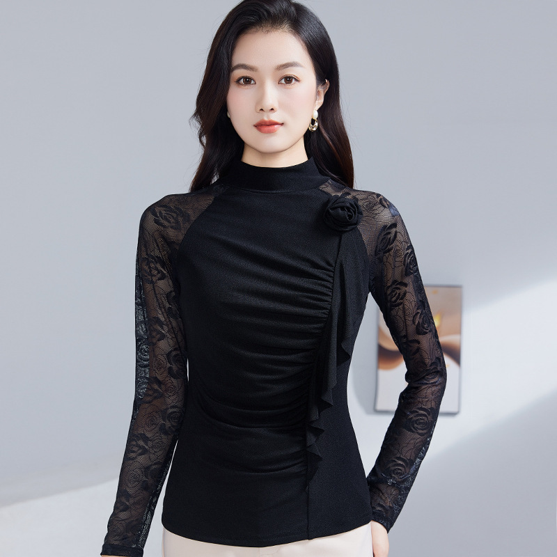 秋装蕾丝长袖拼接小衫女上衣设计感荷叶边洋气半高领打底衫女潮|undefined