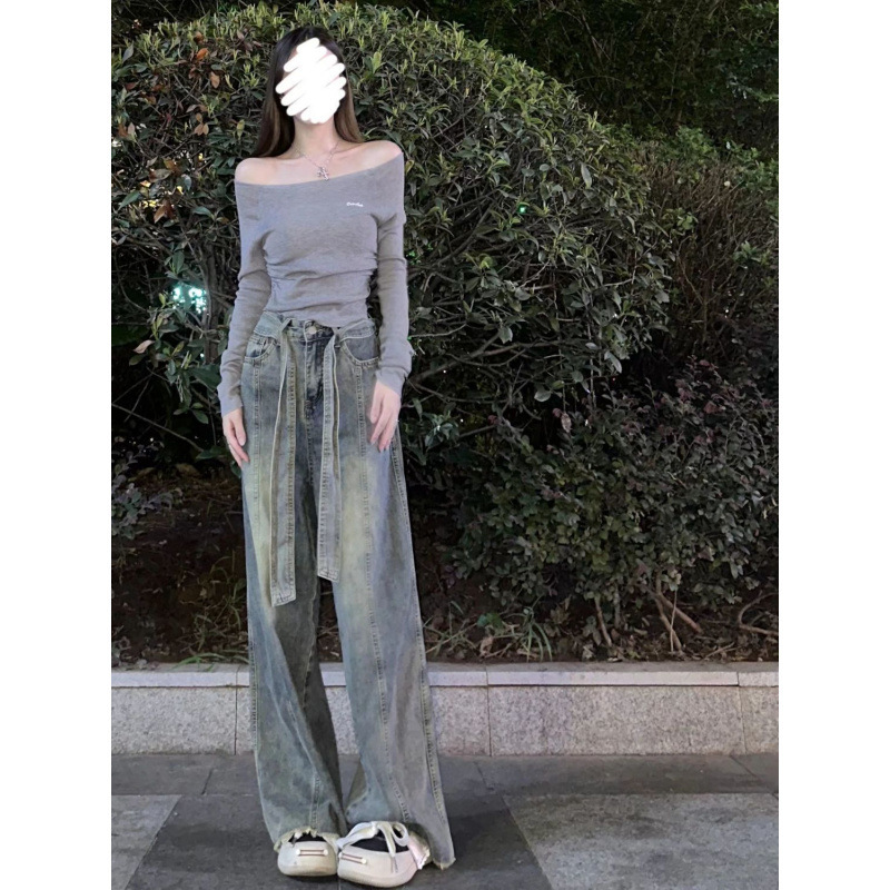 设计感牛仔裤女夏季2025新款复古高腰显瘦直筒拖地裤宽松阔腿长裤|undefined