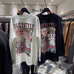 綿のアメリカのINSの復古の趣味の漫画の落書きのプリントの長袖のtシャツのヨーロッパの商品の街頭の個性の潮流のガードルの上着