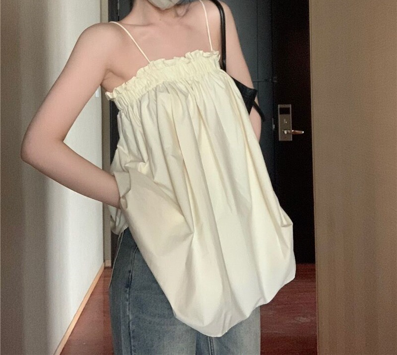 女性用ワンショルダードールシャツキャミソール、夏の新しい黒のゆったりとしたタイスタイルのミドル丈トップス、外で着用して肉をカバーできます|undefined