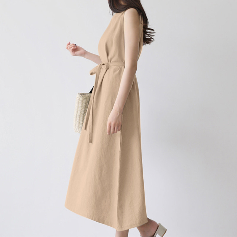 European And American Cross-border Women's Fashion Loose Bohemian Sleeveless Round-neck Solid Color Cotton-linen Long_ecoleips.com
