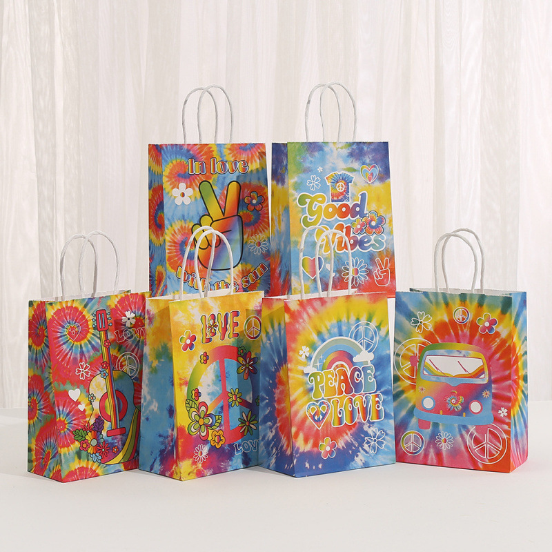 创意扎染手提袋时尚字母印花伴手礼袋节日派对糖果牛皮纸包装袋