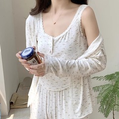 純欲風モーダルストラップ三点セットパジャマ少女砕花レース甘いカーディガン家庭服春秋スーツ
