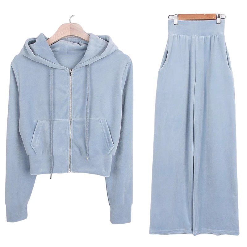 골든 벨벳 후드 지퍼 스웨터 세트 여성 가을 겨울 새로운 한국식 루즈 캐주얼 패션 여성 투피스 세트