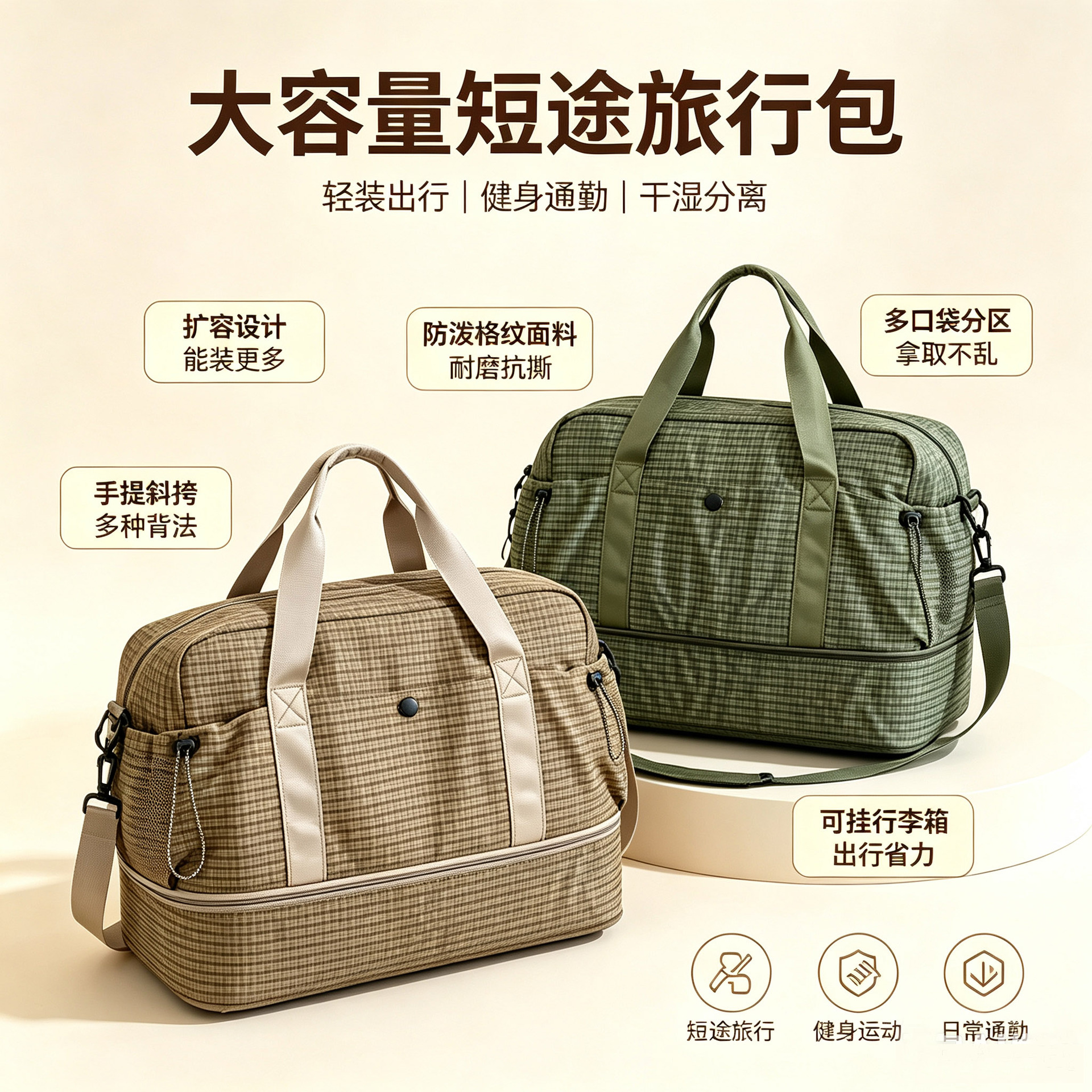 New plaid large-capacity travel bag for men and women, with dry and wet separation, lightweight hand-held luggage bag for short trips, sports and fitness bag