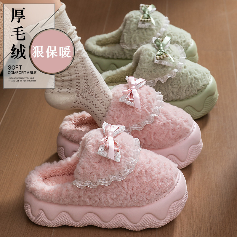蝴蝶结厚底棉拖鞋女2025新款冬季外穿增高加绒保暖防水防滑棉拖鞋|undefined