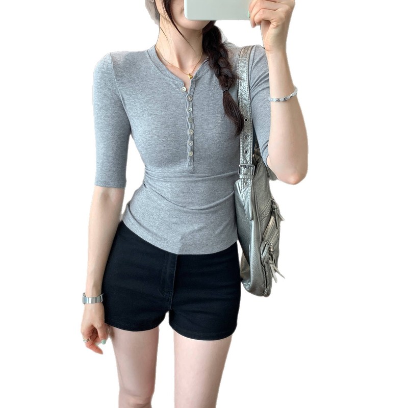 独特超好看半开领正肩中袖t恤女夏季2025新款高级感chic别致上衣|undefined