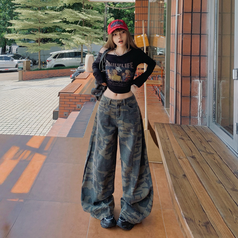 迷彩高腰牛仔裤女2025年秋冬新款美式高街直筒宽松显瘦弯刀阔腿裤|undefined