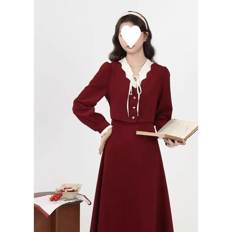 Autumn and Winter New Style Christmas and New Year's Eve Shirt with Slightly Fat Elegant and Slimming Look Fake Two-Piece French Red Dress