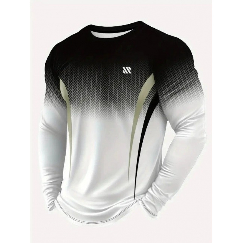 Independent Brand Cross-Border European and American Geometric Pattern Long-Sleeve Men's T-Shirt, Round Neck Pullover, Simple and Stylish with 3D Digital Print