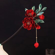 复古新娘头饰红色花朵发簪耳环套装女敬酒服结婚礼服跟妆盘发配饰