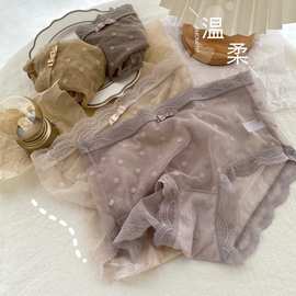 迷人性感波点透明网纱蕾丝内裤亲肤棉裆女士中腰包臀透气三角裤女