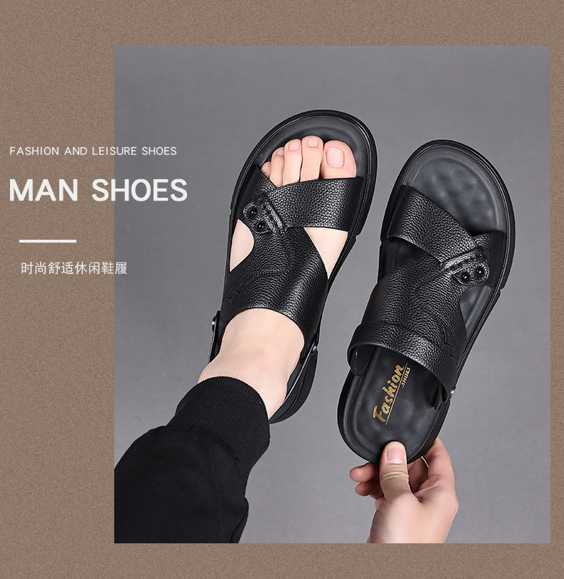 Dép sandal nam da bò thật hở ngón, quai ngang thoáng khí đi biển và dạo phố — 51226 Màu nâu, 51226 Màu đen chi tiết 14