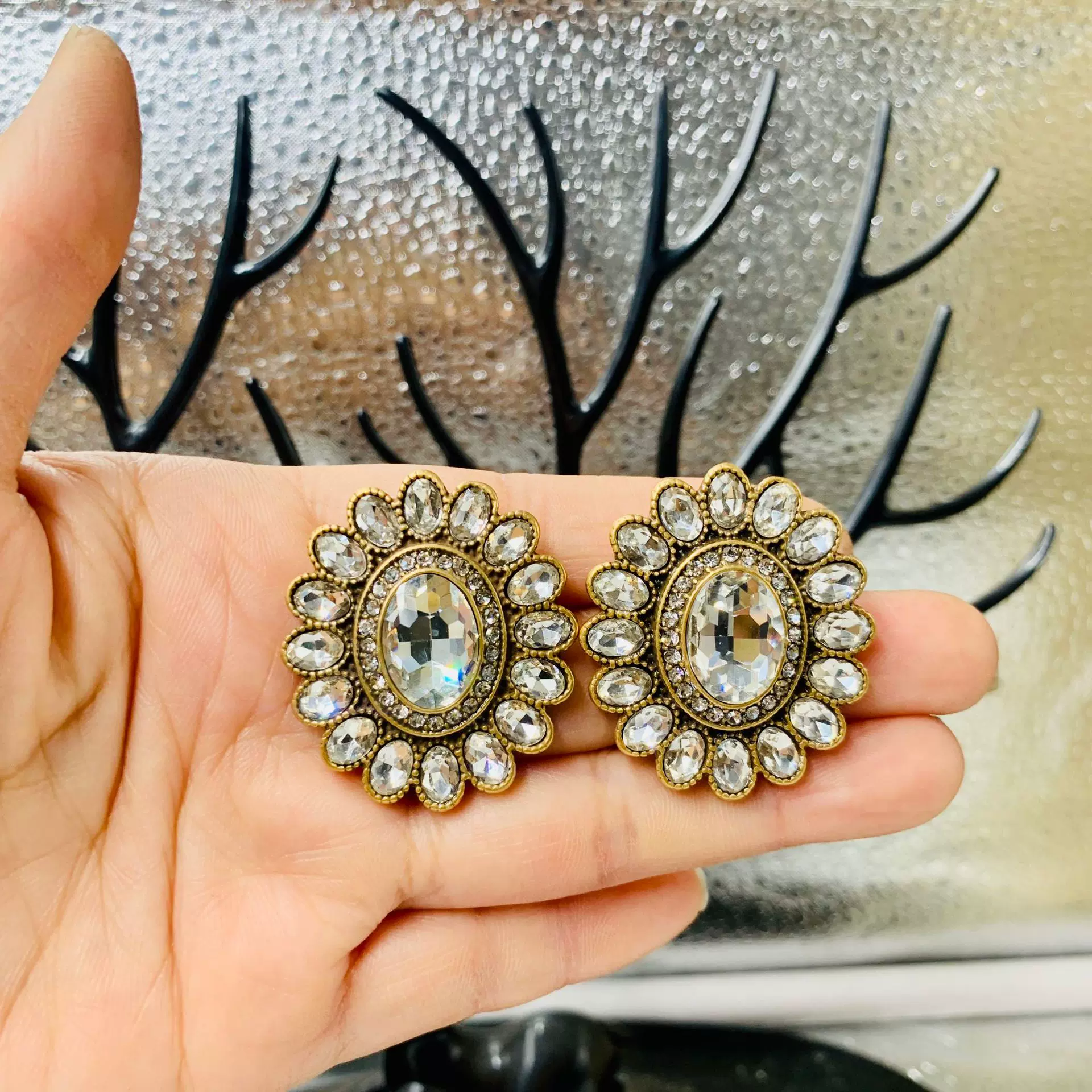 中古vintage西洋复古烧真金925银针打标HD满镶K9轻奢夸张耳钉