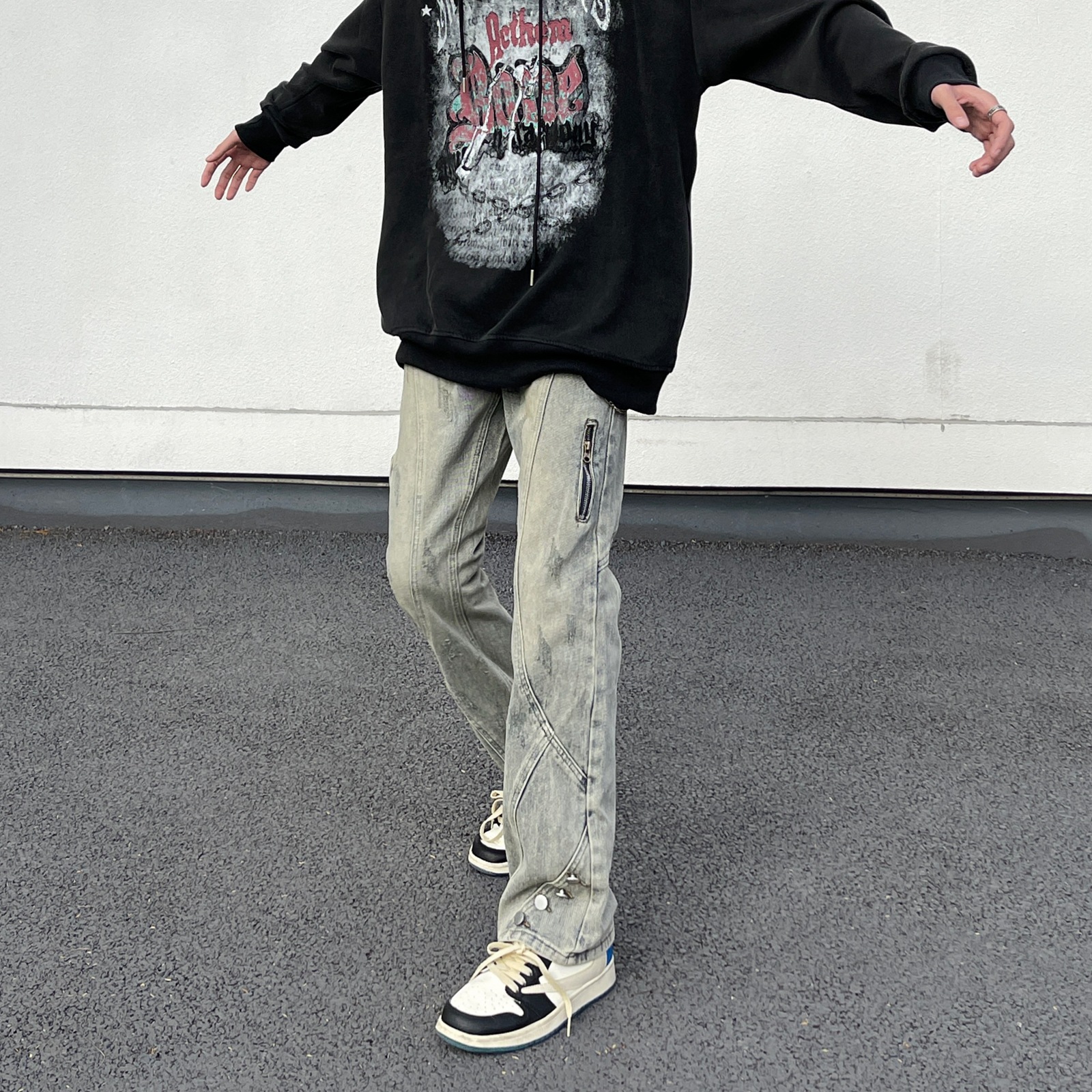 High Street American retro barro amarillo lavado jeans de los hombres flojos rectos hiphop diseño sentido Ruan guapo pantalones moda