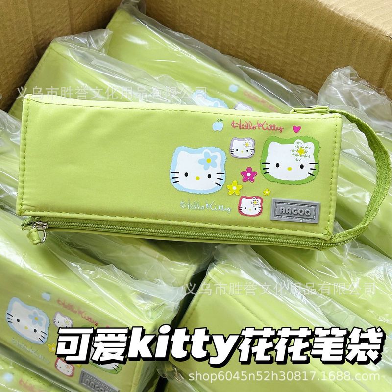 理想型绿色笔袋高颜值kt猫印花文具包简约大容量学生铅笔盒收纳袋|undefined