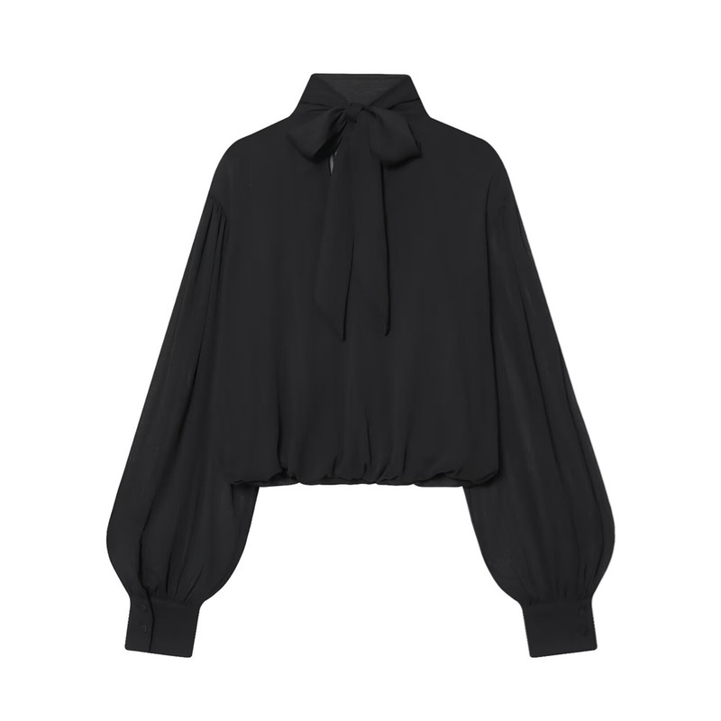 Pb&Za New Winter Product Minimalist Style Long-Sleeved Stand-Up Collar Short Semi-Transparent Pleated Balloon Shirt 3666187 Pb&Za New Winter Product Minimalist Style Long-Sleeved Stand-Up Collar Short Semi-Transparent Pleated Balloon Shirt 3666187