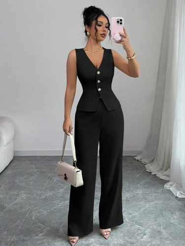 Women's European and American Fashion Elegant Sleeveless Suit Vest and Pants Set Black Daily Summer Two-Piece Set