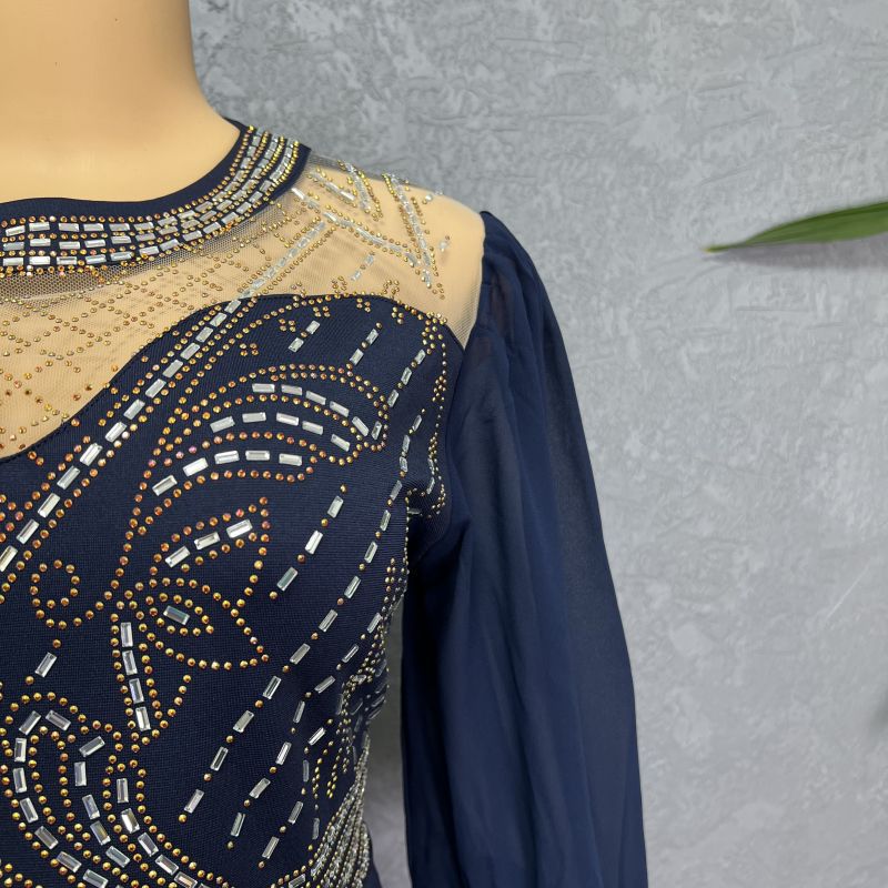 Women's Clothing new mesh splicing solid color hot diamond two piece set_voghion.com