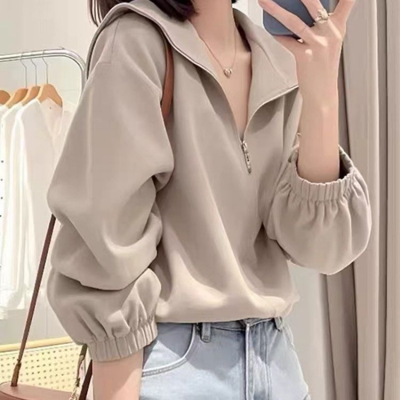半拉链设计感连帽卫衣女秋季新款复古宽松落肩显瘦休闲长袖上衣潮|undefined