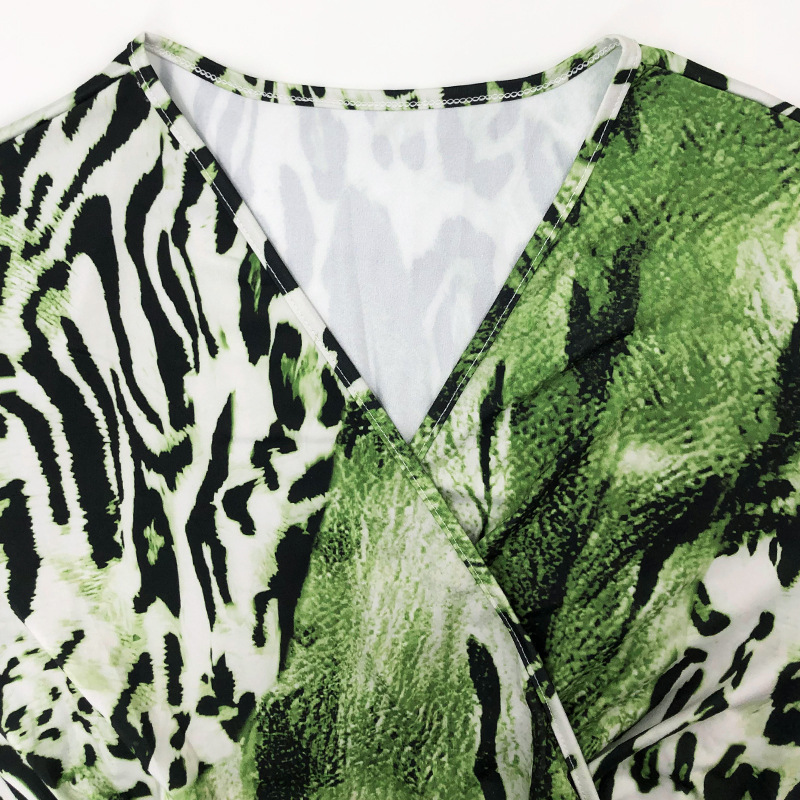 Casual Leopard V Neck Long Sleeve Rib-Knit Polyester Plus Size Maxi Long Dress Swing Dress