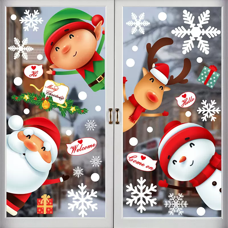 亚马逊新品圣诞节可爱圣诞老人麋鹿静电贴雪花店铺橱窗贴玻璃贴纸