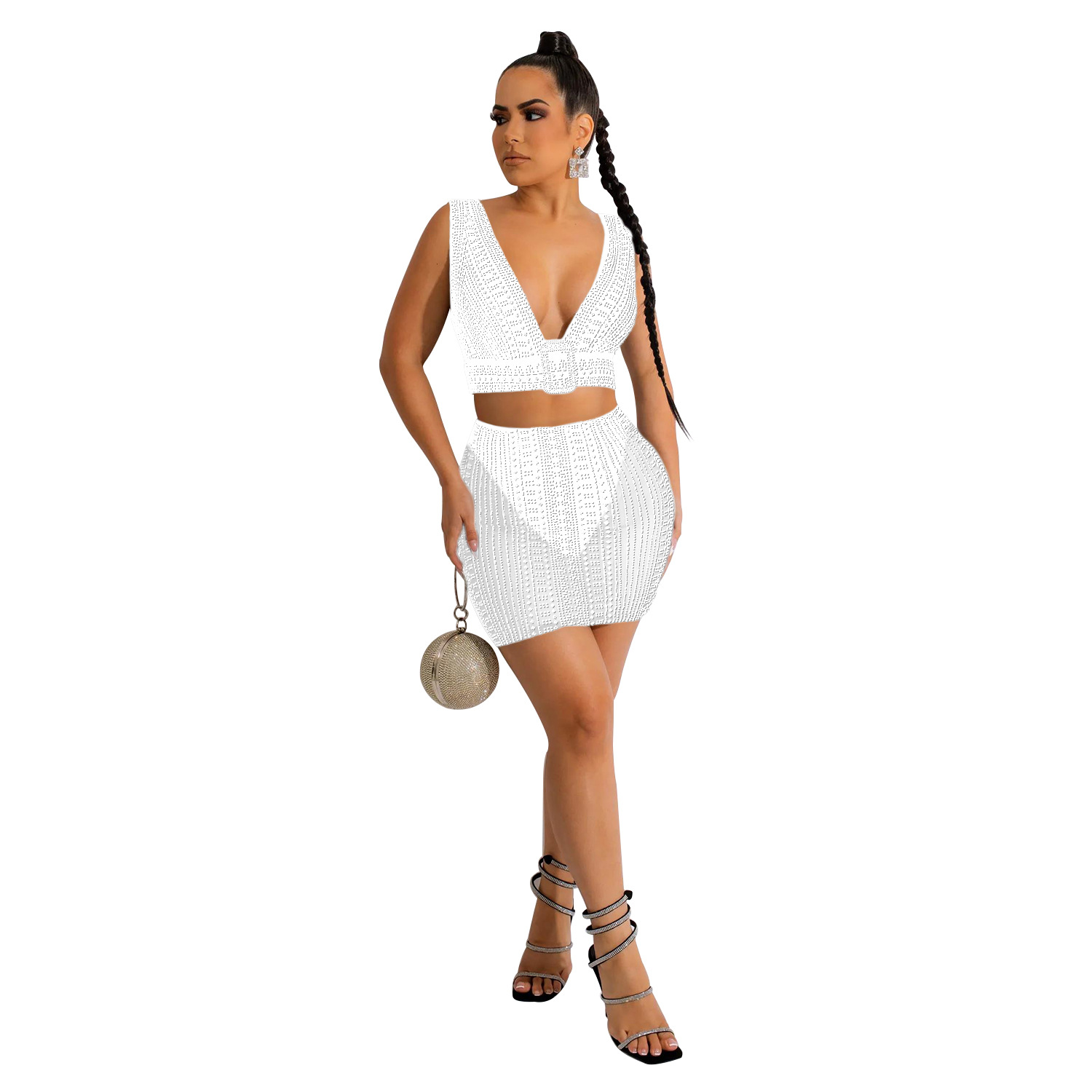 C6037 transfronterizo AliExpress Amazon de moda europea y americana de las mujeres con cuello en V sin mangas Falda corta de malla de perforación caliente conjunto de dos piezas para las mujeres